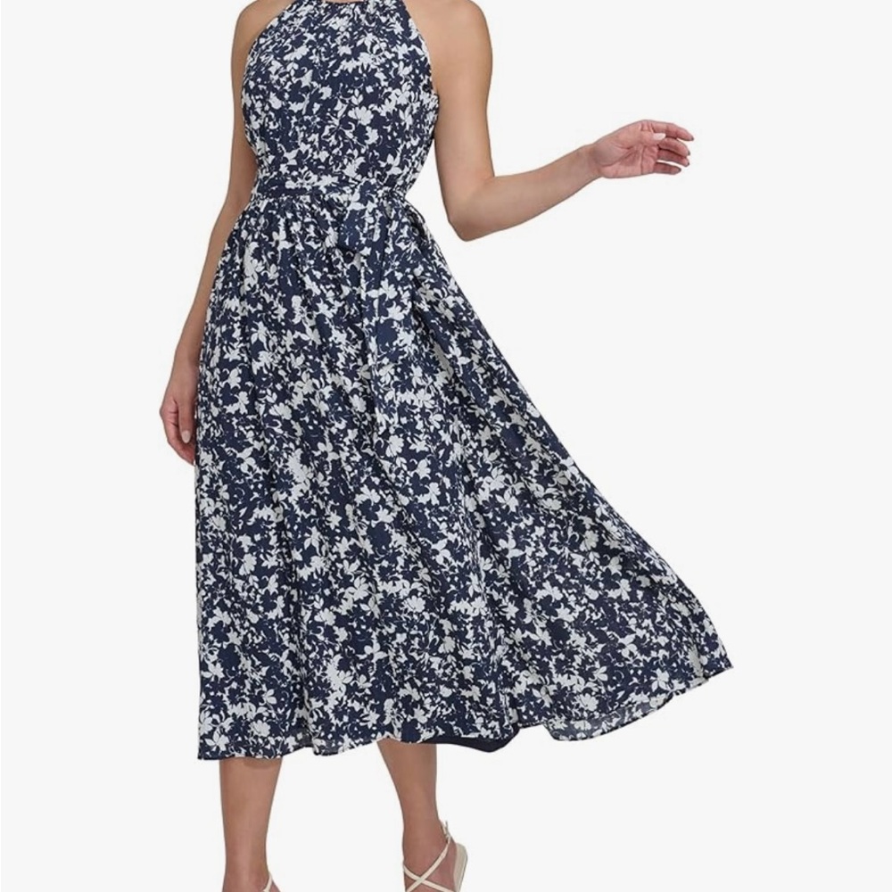 DKNY Navy and White Floral Midi Dress